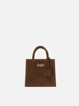 Borsa Mini Shop marrone in camoscio con scritta logo