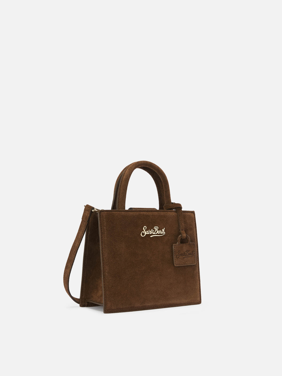 Borsa Mini Shop marrone in camoscio con scritta logo