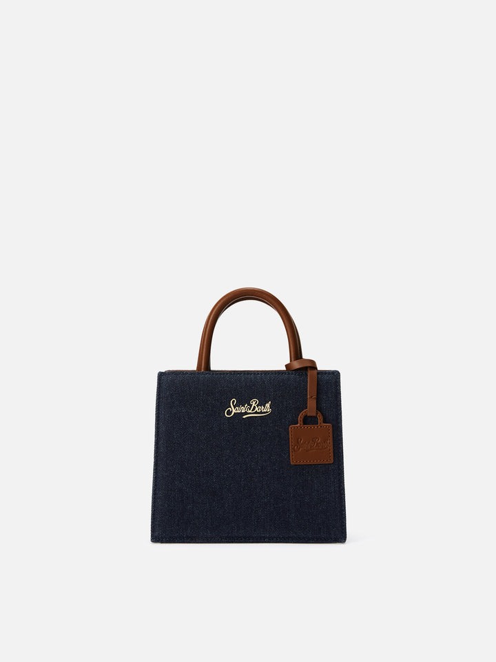 Dunkelblaue Mini Shop Bag aus Leder mit Denim-Einsätzen 