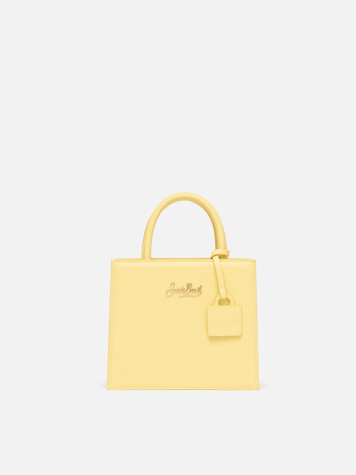 Borsa Shop mini strutturata in pelle liscia giallo tenue con targhetta metallica