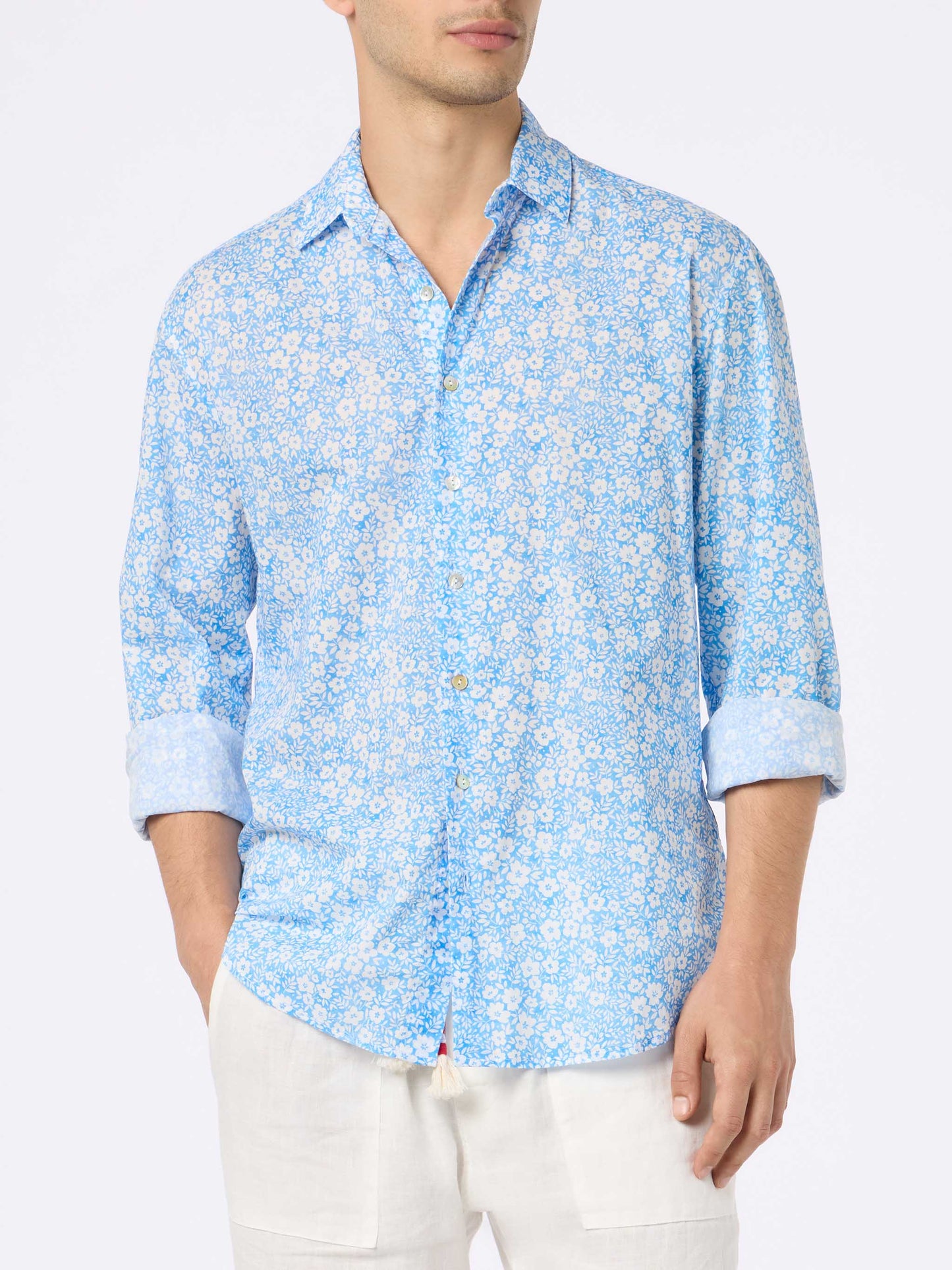 Man muslin cotton shirt Sikelia with micro flower print - MC2 Saint Barth