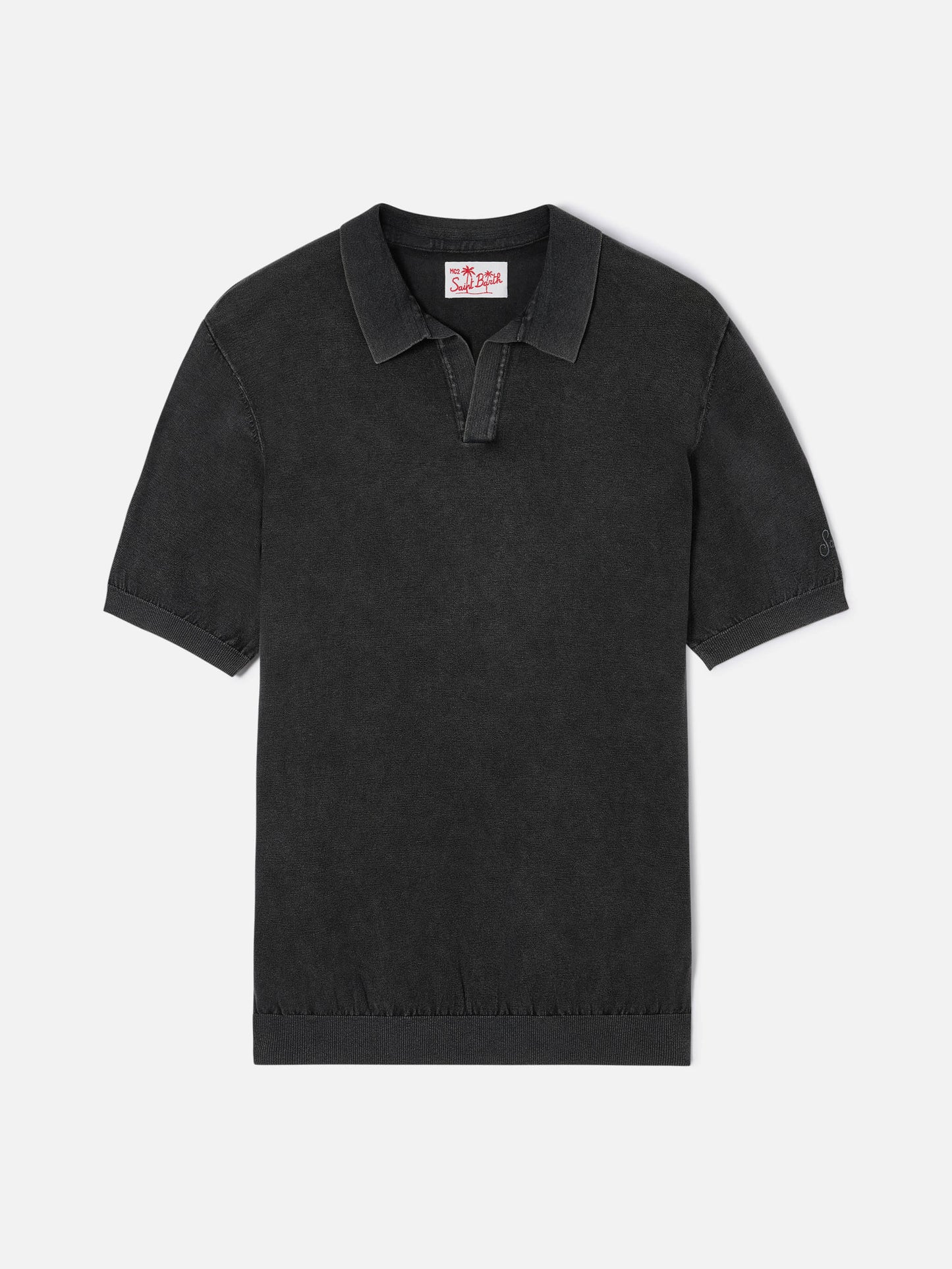Schwarzes gestricktes Poloshirt Sloan ohne Knöpfe mit Vintage-Behandlung 