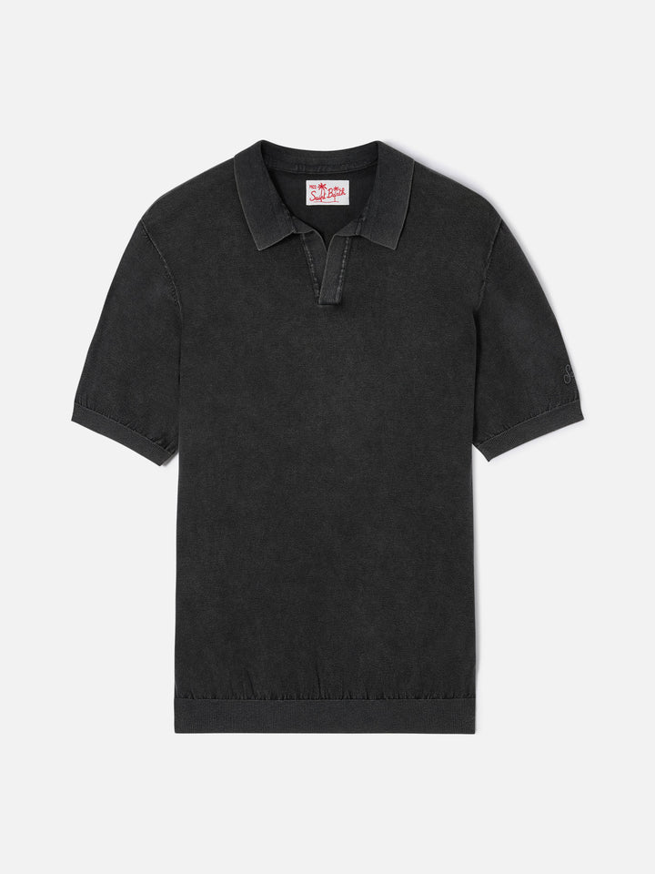 Black buttonless knitted polo shirt Sloan with vintage treatment