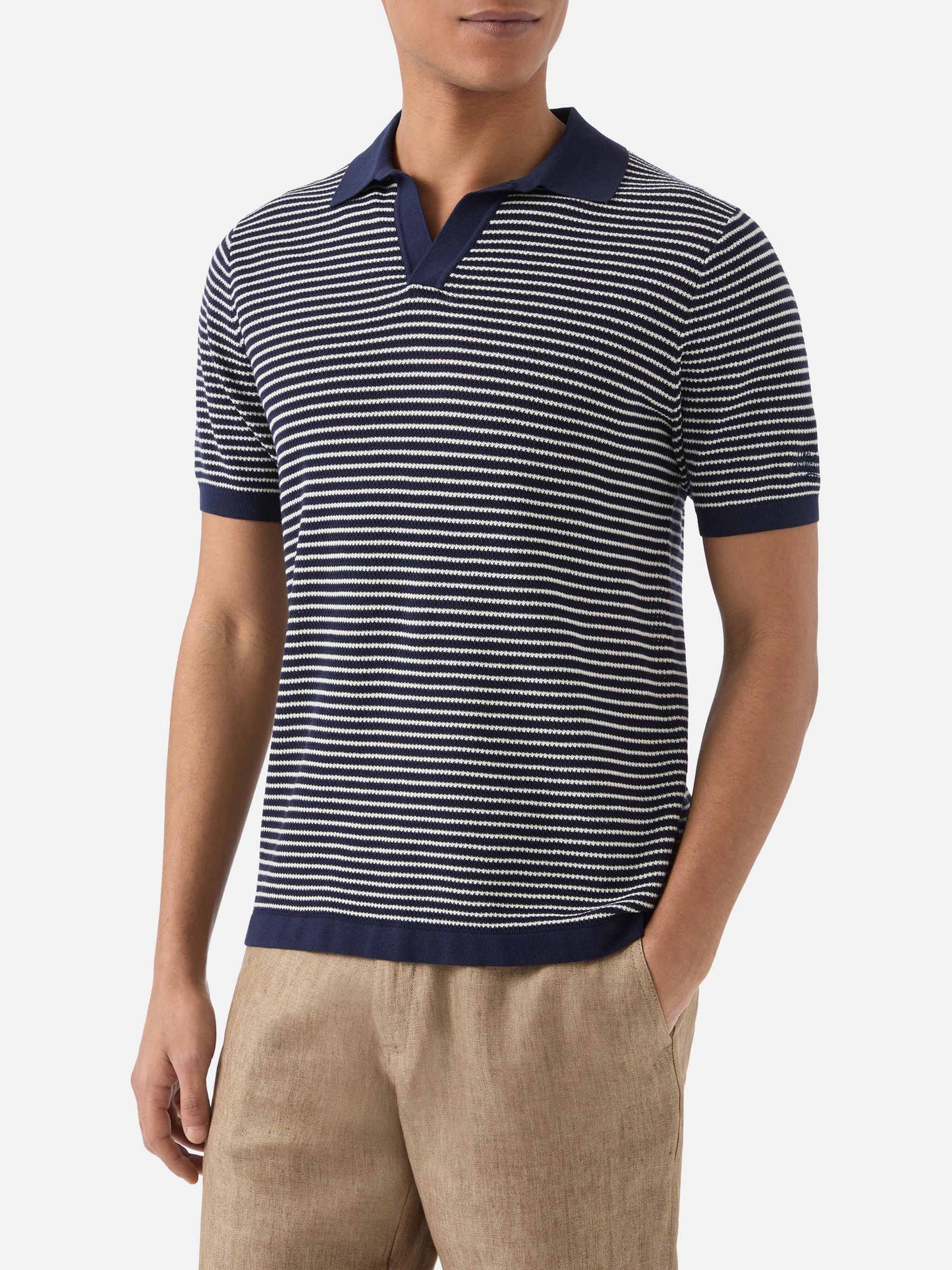 Sloan striped polo in premium high-twist cotton with white and blue stripes