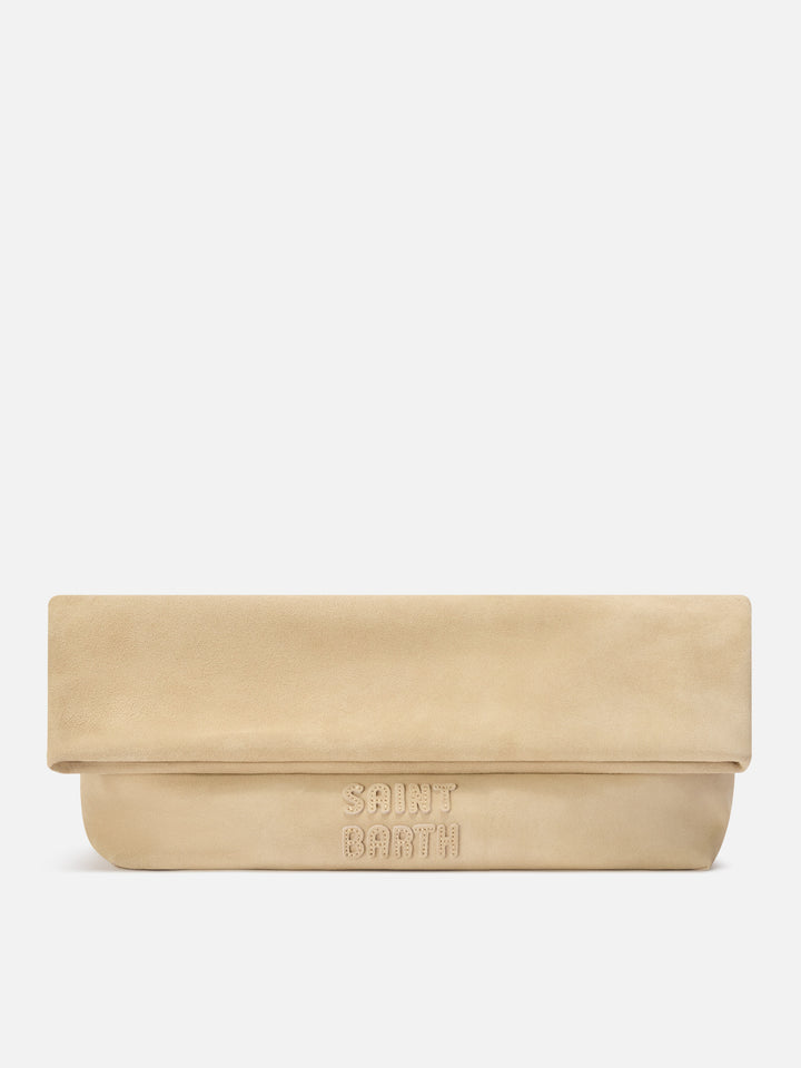 Beige Maxi aus Veloursleder pouch mit Logo-Patch 