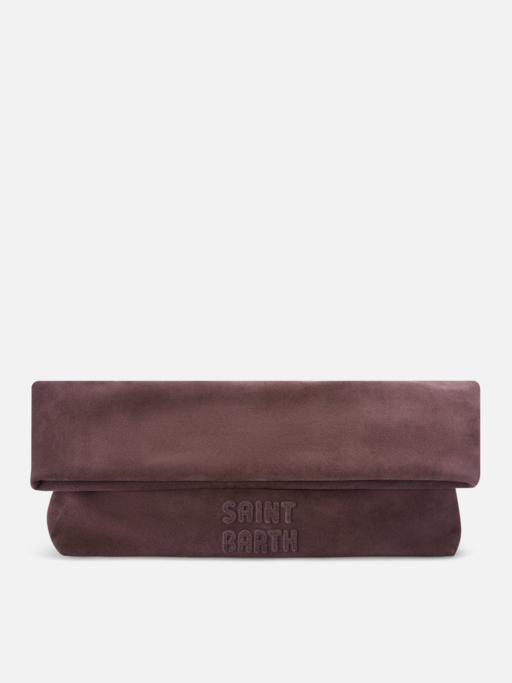 Braune Wildleder-Maxi pouch mit Logo-Patch 