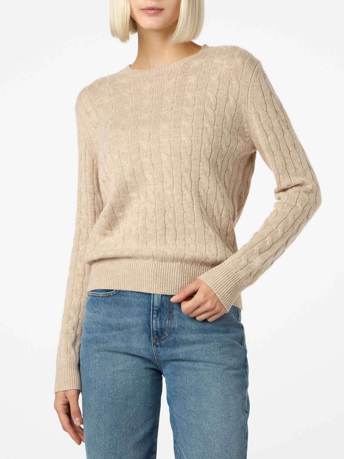 Women beige cable-knit cashmere blend sweater Sorbonne - MC2 Saint Barth