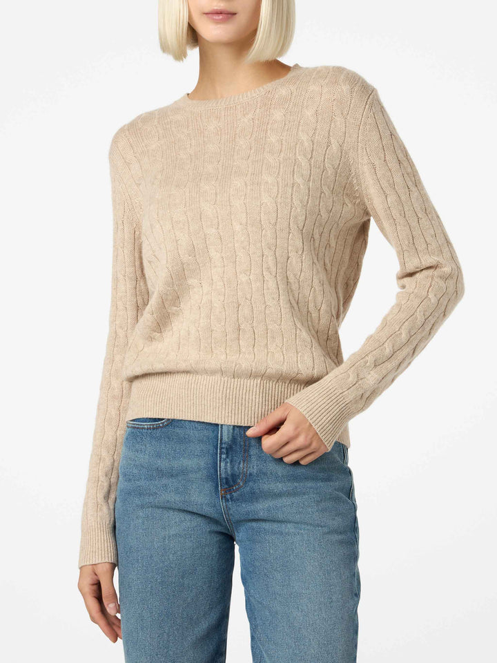 Women beige cable-knit cashmere blend sweater Sorbonne - MC2 Saint Barth