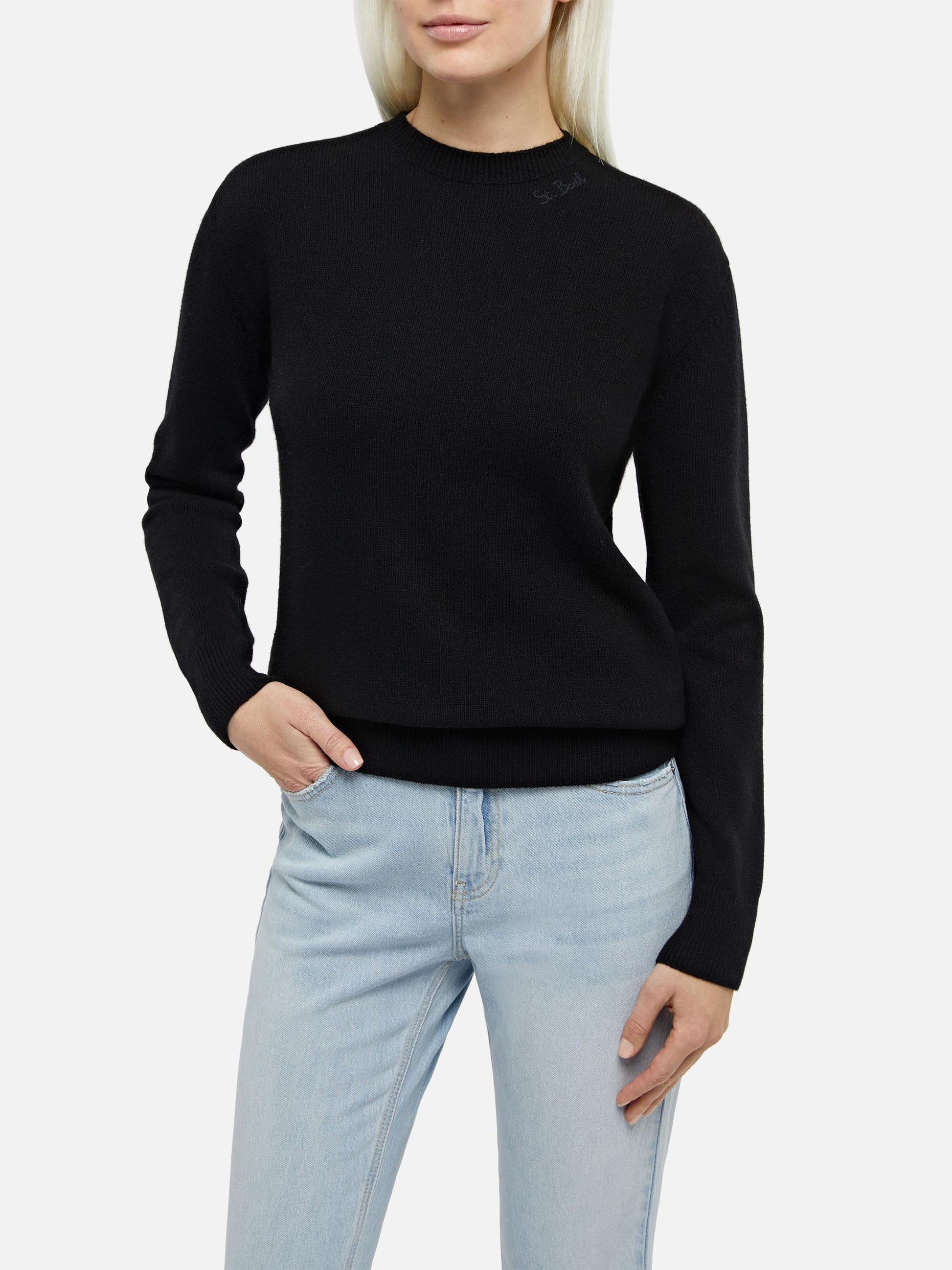 Woman black cashmere blend crewneck sweater Sorbonne - MC2 Saint Barth