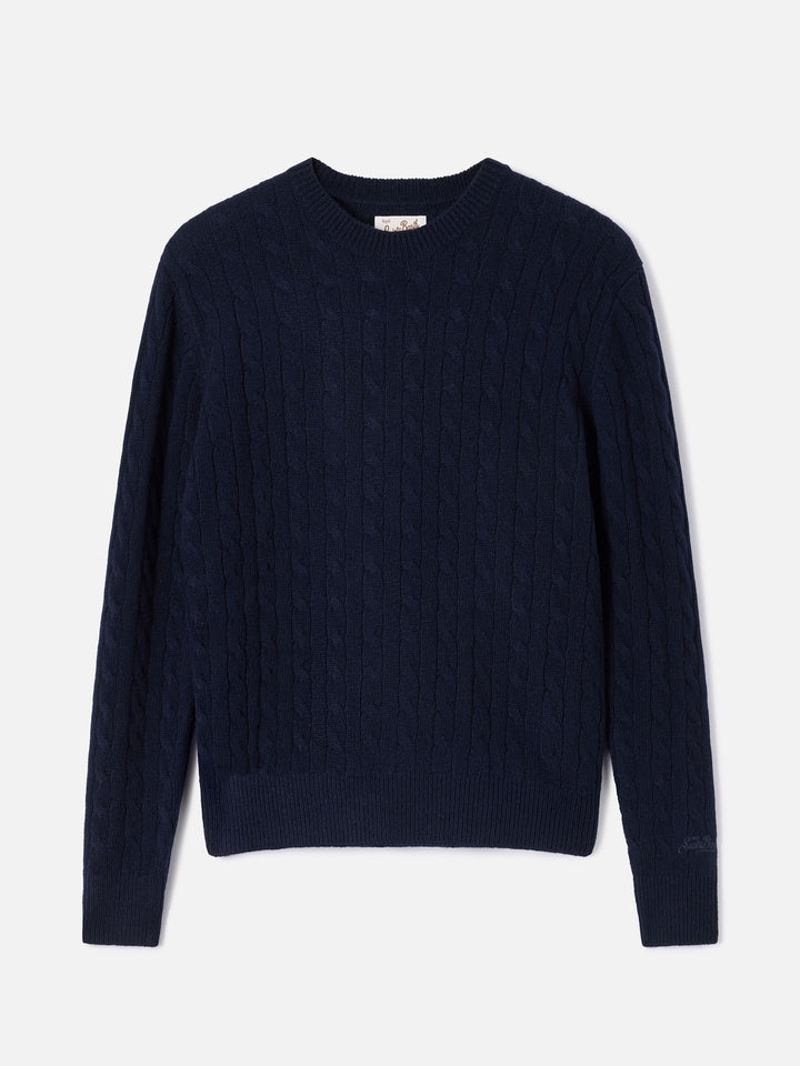 Night blue Sorbonne Woll-Rundhalspullover mit Zopfmuster 