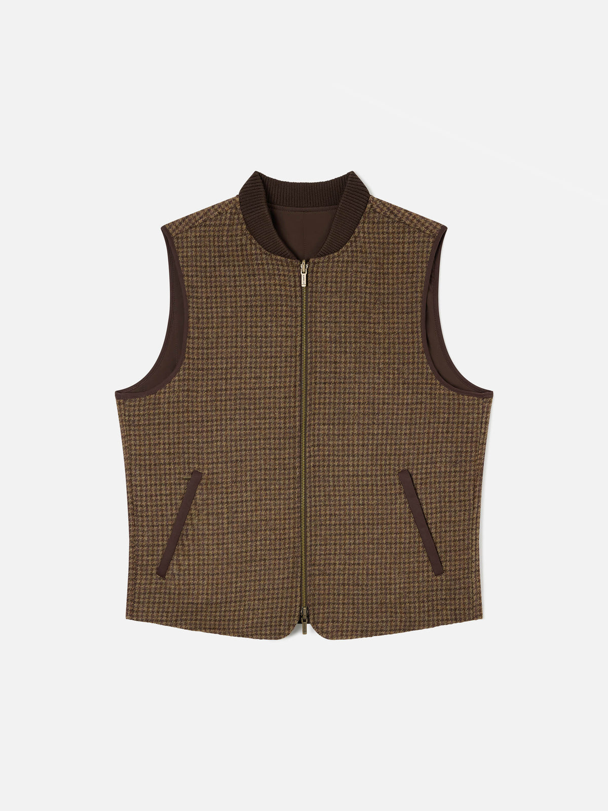 Chaleco reversible Spencer de lana marrón con motivo de pata de gallo 