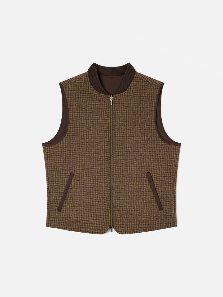 Brown Spencer wool reversible vest with houndstooth pattern