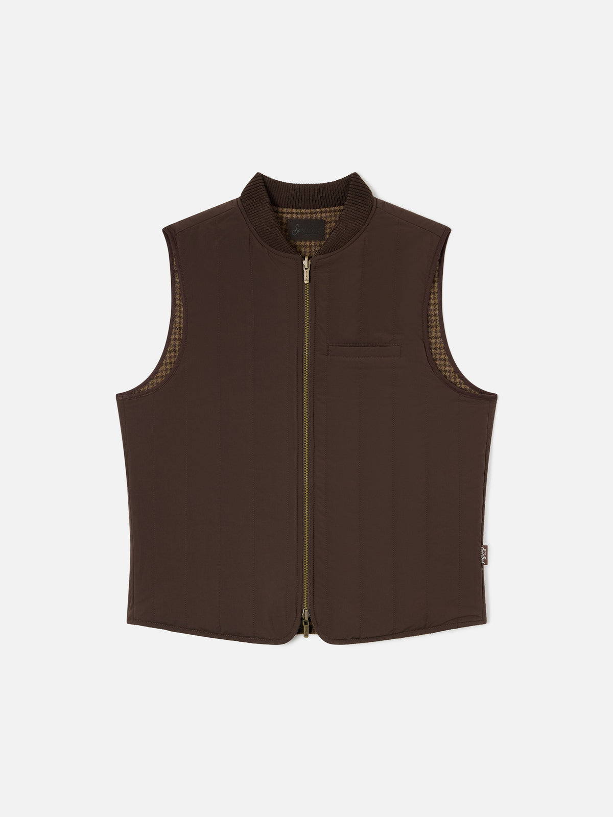 Chaleco reversible Spencer de lana marrón con motivo de pata de gallo 