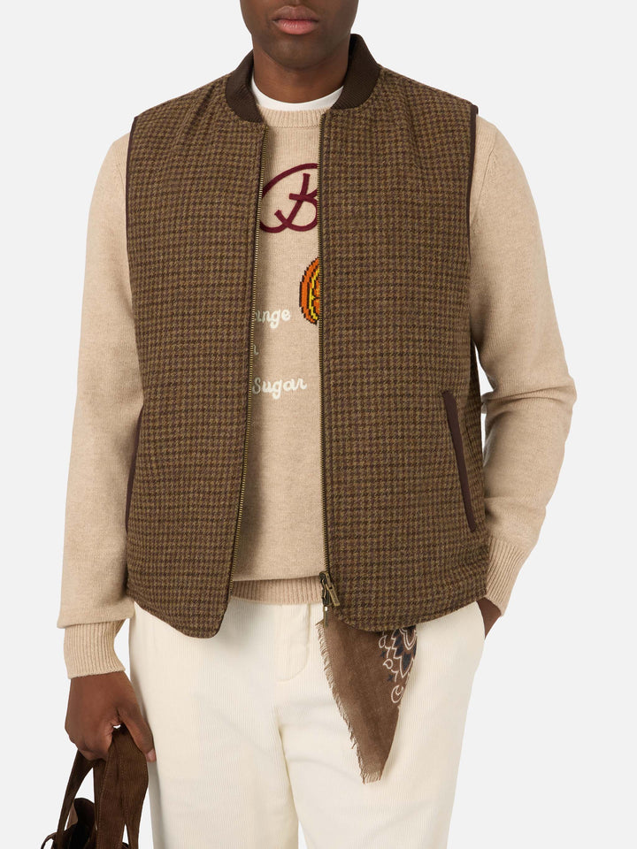 Brown Spencer wool reversible vest with houndstooth pattern
