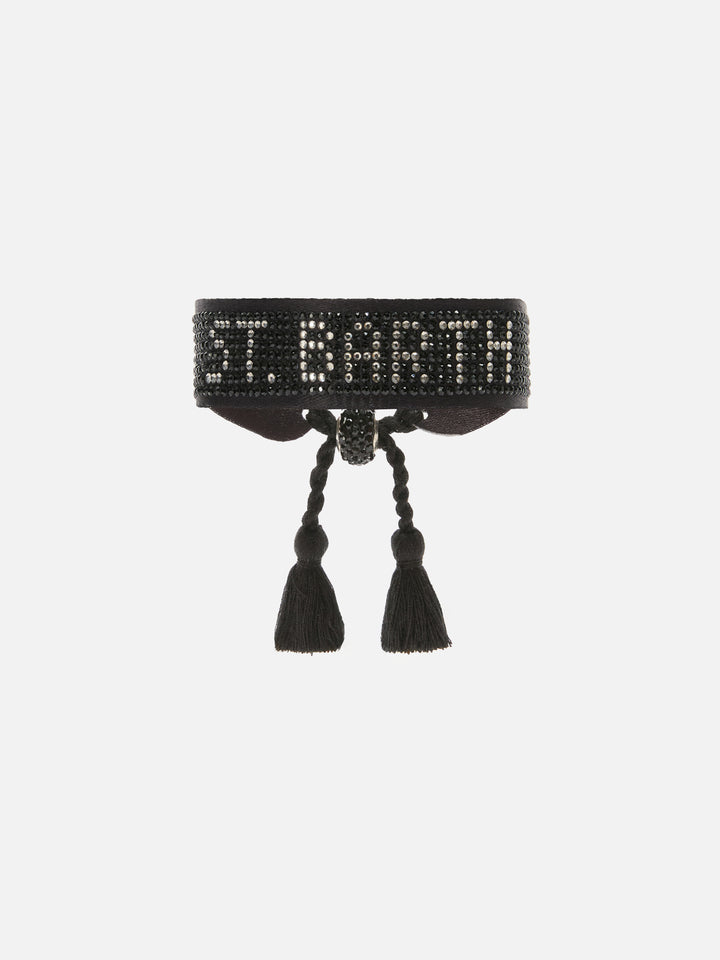 Bracciale in tessuto con lettering St. Barth in perline nere