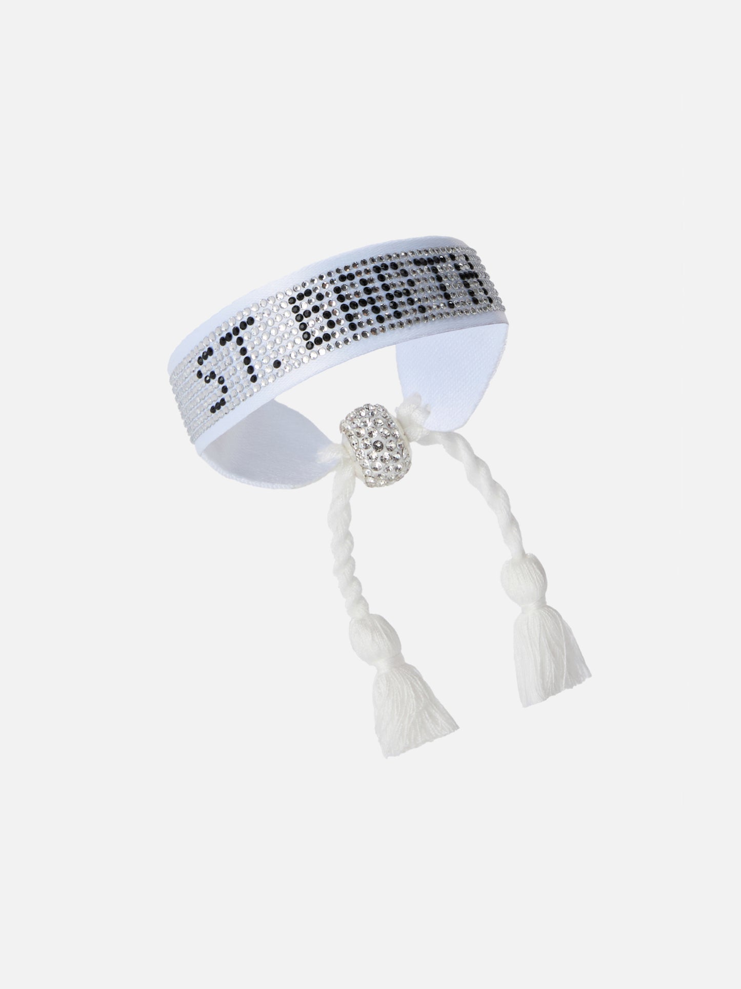 White fabric bracelet with St. Barth beaded lettering