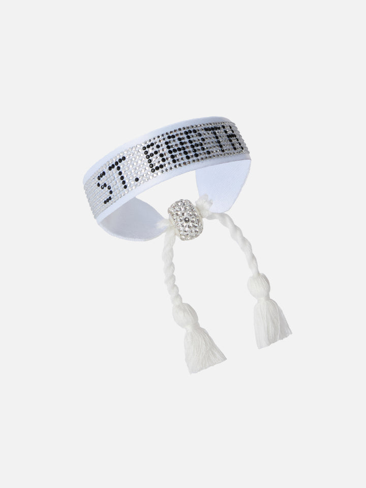White fabric bracelet with St. Barth beaded lettering