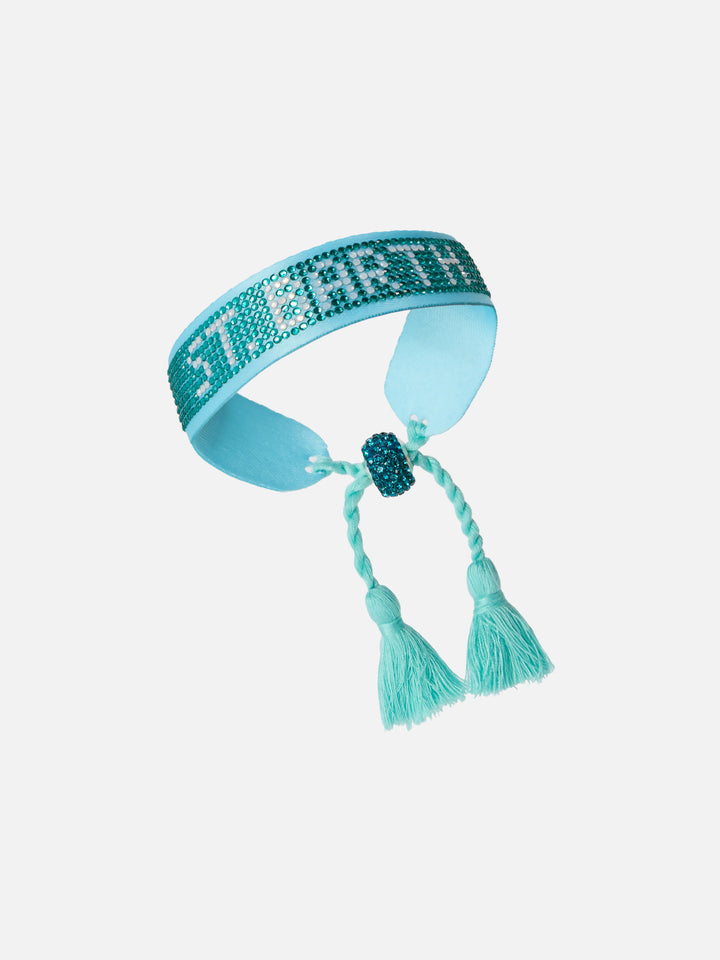 Light blue fabric bracelet with St. Barth beaded lettering