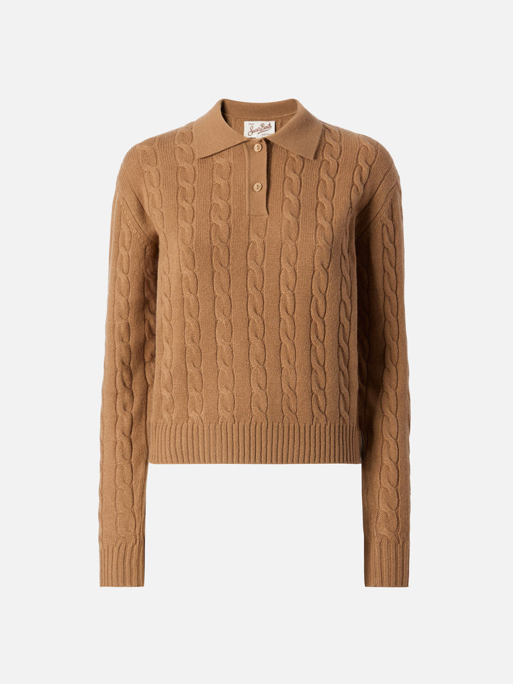 Savoy soft-touch cable-knit merino wool polo sweater in camel