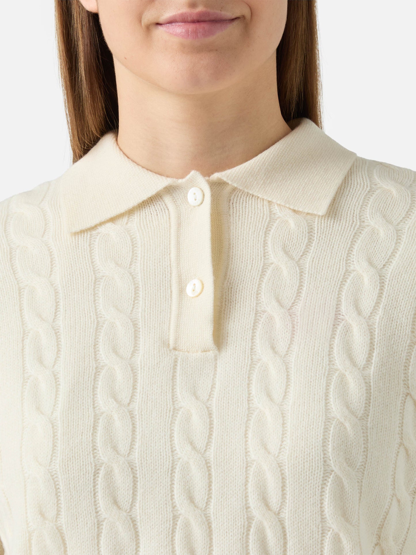 Savoy soft-touch cable-knit merino wool polo sweater in white