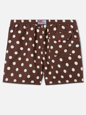 Short de bain Syros marron avec broderie à pois 