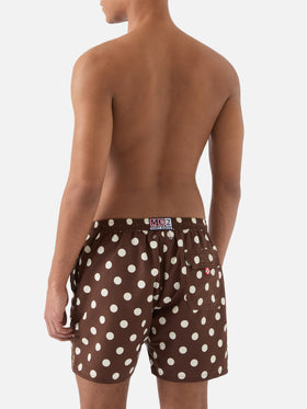 Syros swim shorts in brown with polka dot embroidery
