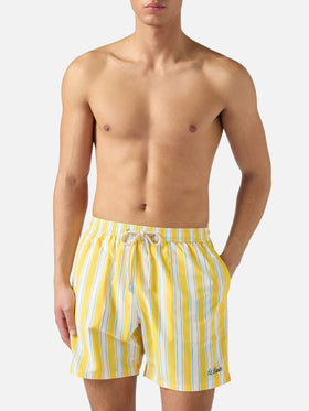 Syros swim shorts with yellow striped pattern and logo embroidery