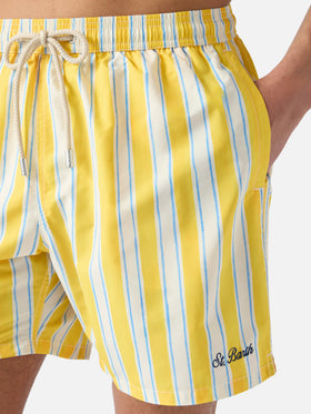Syros swim shorts with yellow striped pattern and logo embroidery