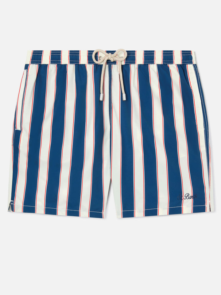 Costume mare Syros a righe blu con ricamo logo