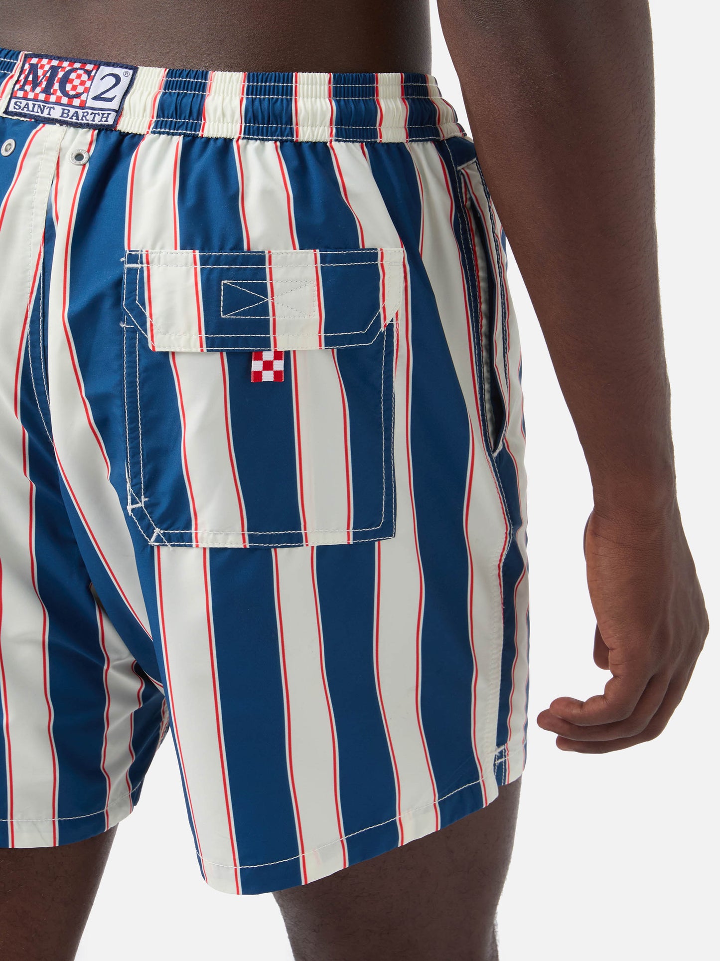 Syros swim shorts with blue striped pattern and logo embroidery