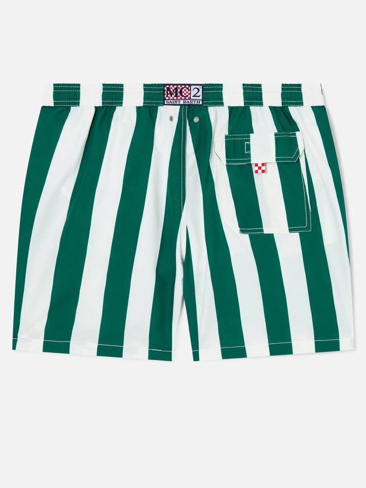 Syros swim shorts with white and British green striped print