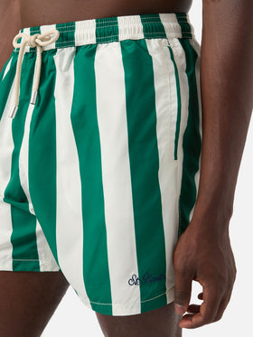 Syros swim shorts with white and British green striped print