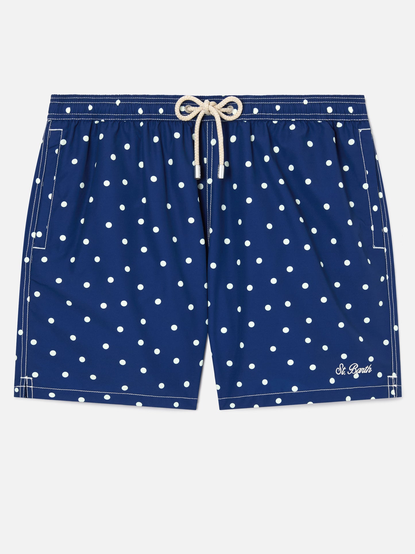 Costume mare Syros blu con ricamo pois a contrasto