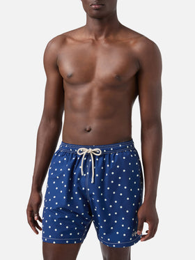 Costume mare Syros blu con ricamo pois a contrasto