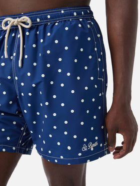Costume mare Syros blu con ricamo pois a contrasto