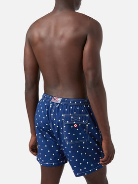 Costume mare Syros blu con ricamo pois a contrasto