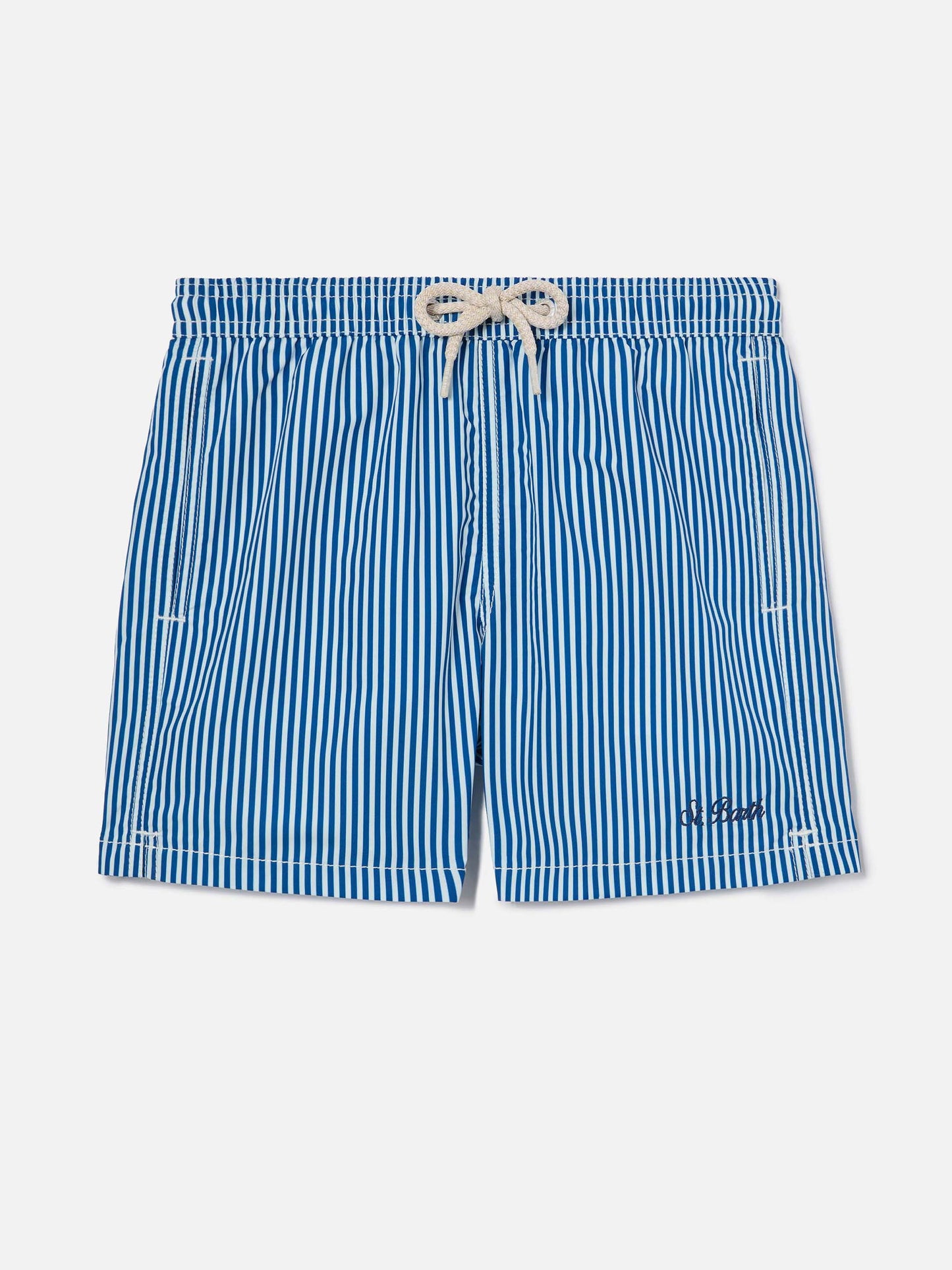 Syros Jr swim shorts thin striped with St. Barth embroidery