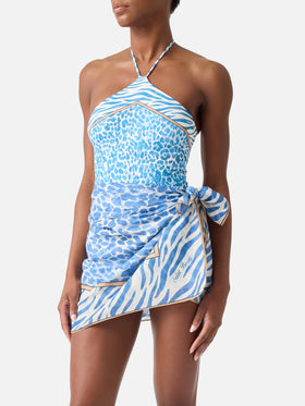 Pareo lungo Thaiti misto seta con stampa animalier leopardata