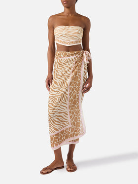 Thaiti long pareo in silk blend with brown zebra animal print