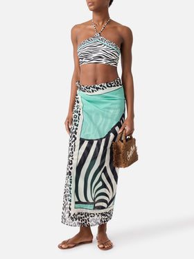 Thaiti long pareo in silk blend with savanna print