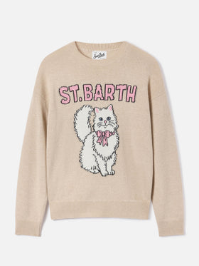 Beige Tessa wool and cashmere blend crewneck knit with kitten intarsia