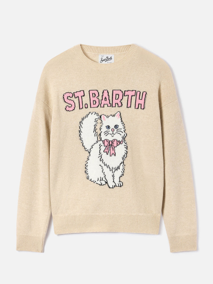 Beige Tessa wool and cashmere blend crewneck knit with kitten intarsia