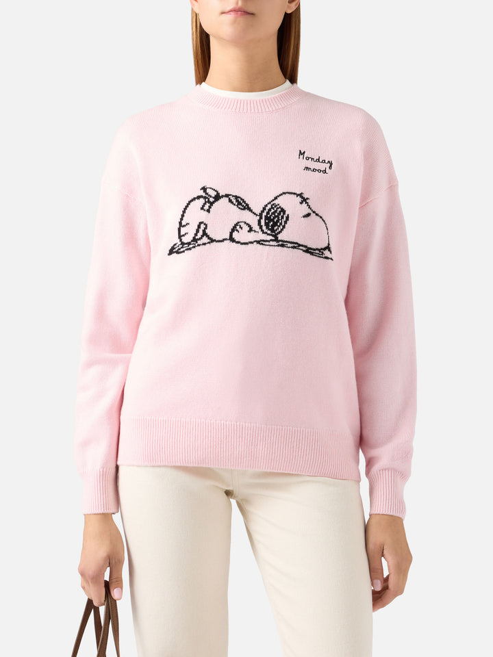 Maglia girocollo Tessa rosa in misto lana e cashmere con intarsio Snoopy | Special edition