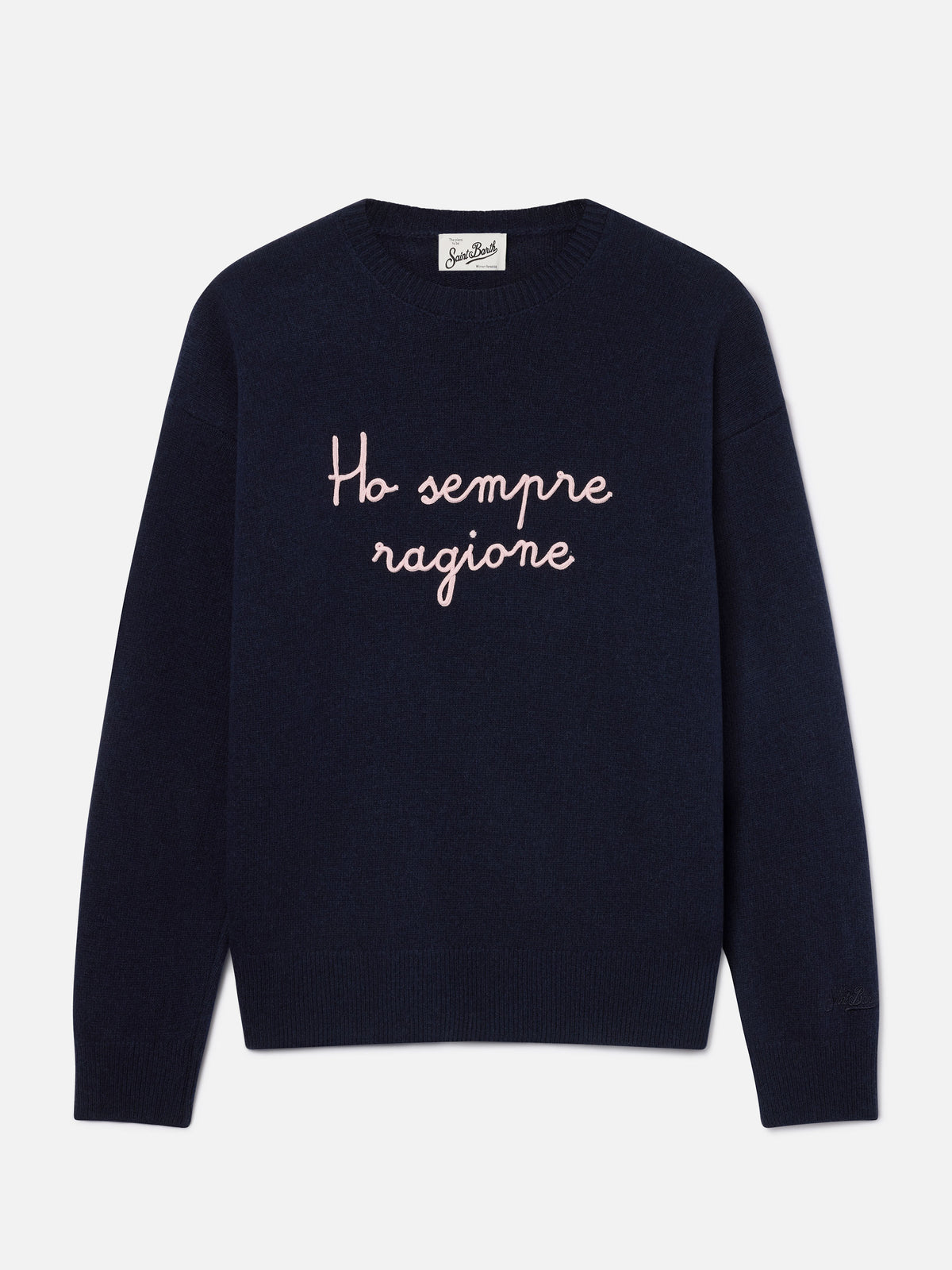 Jersey de cuello redondo Tessa en mezcla de lana y cachemira Navy blue con bordado Ho Sempre Ragione 