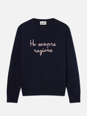 Jersey de cuello redondo Tessa en mezcla de lana y cachemira Navy blue con bordado Ho Sempre Ragione 