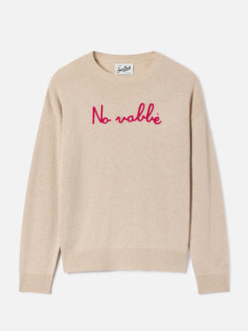 Beige Tessa wool and cashmere blend crewneck knit with No Vabbè embroidery