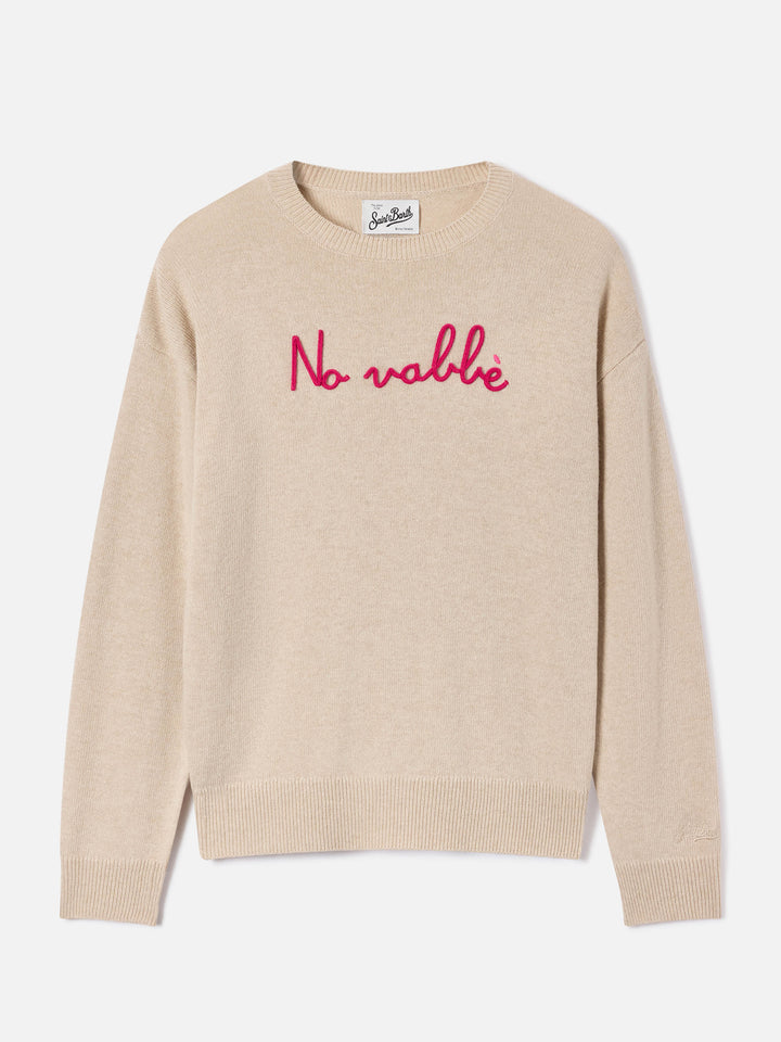 Jersey de cuello redondo Tessa beige en mezcla de lana y cachemira con bordado No Vabbè 