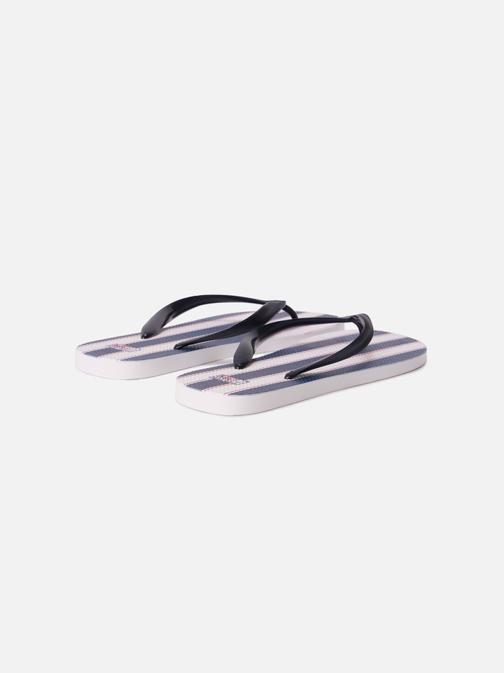 Tommy rubber slip-on flip flops with blue and white wide stripes