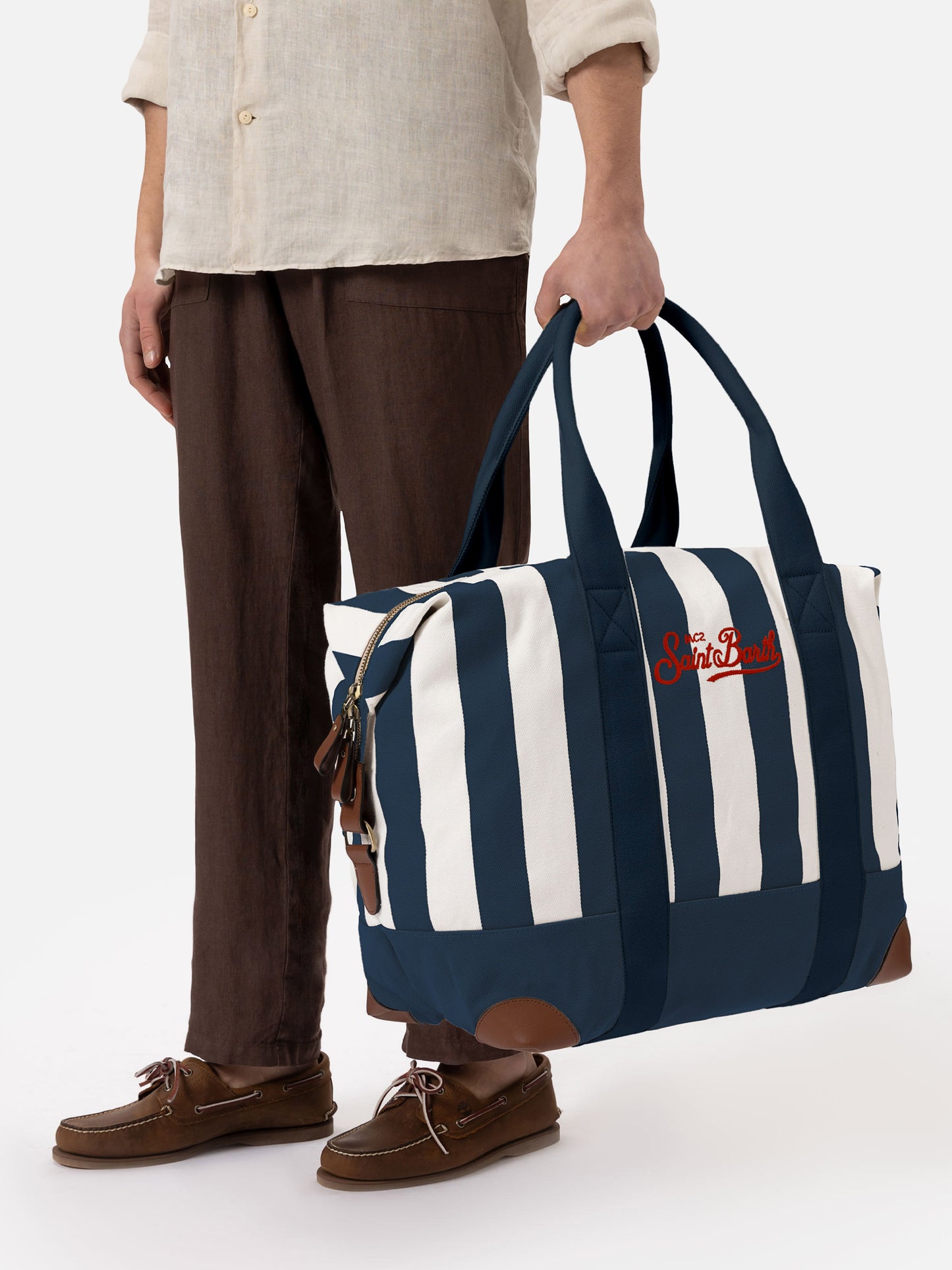 Travel Duffel Bag in canvas di cotone con stampa a righe blu