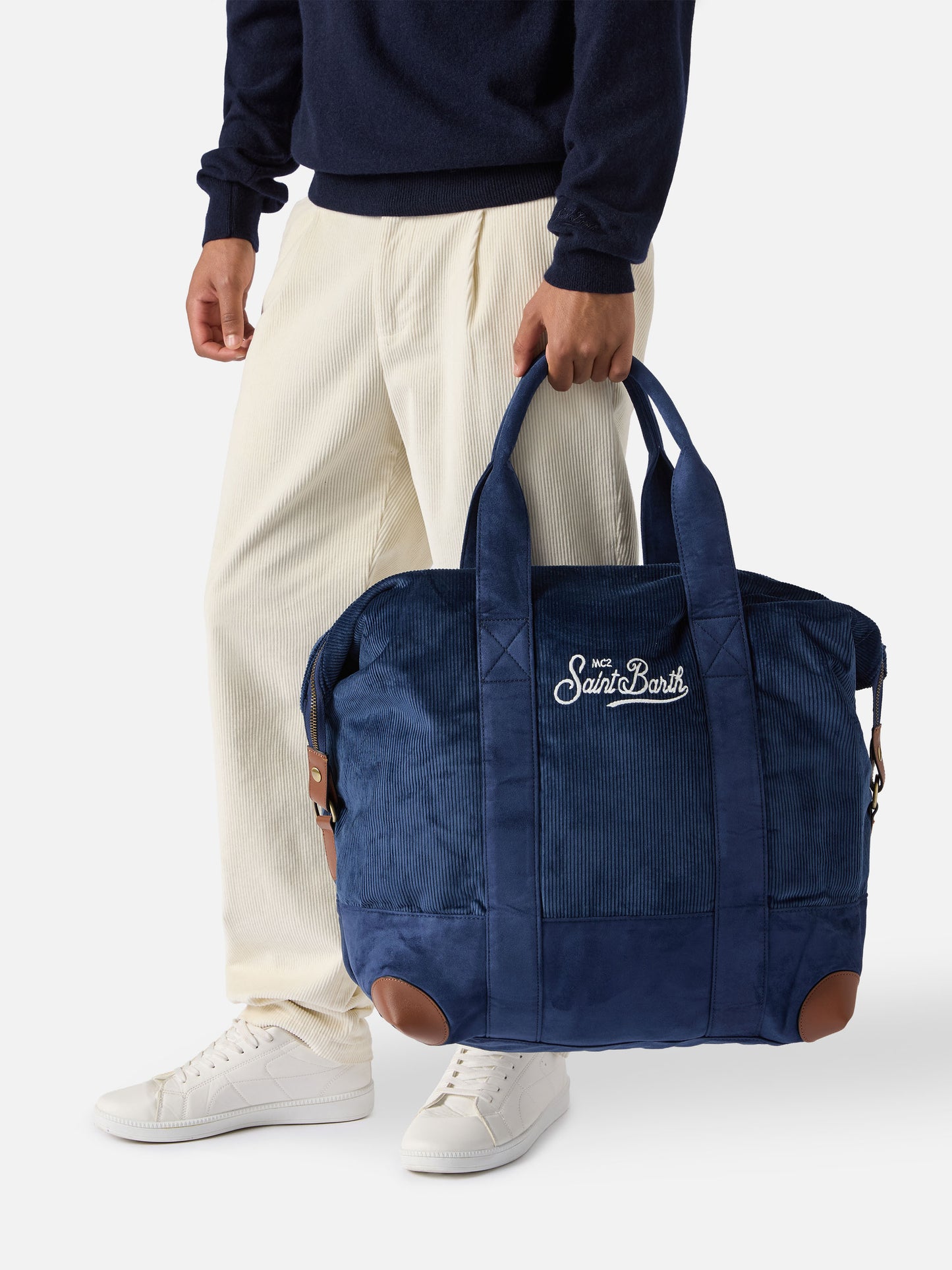 Travel Bag Corduroy Duffel in blue corduroy velvet and suede